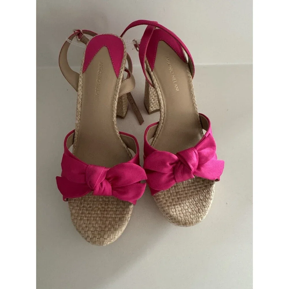 Antonio Melani Bindi Satin Bow Raffia Platform Sandal Hot Pink heel Size 8M NEW